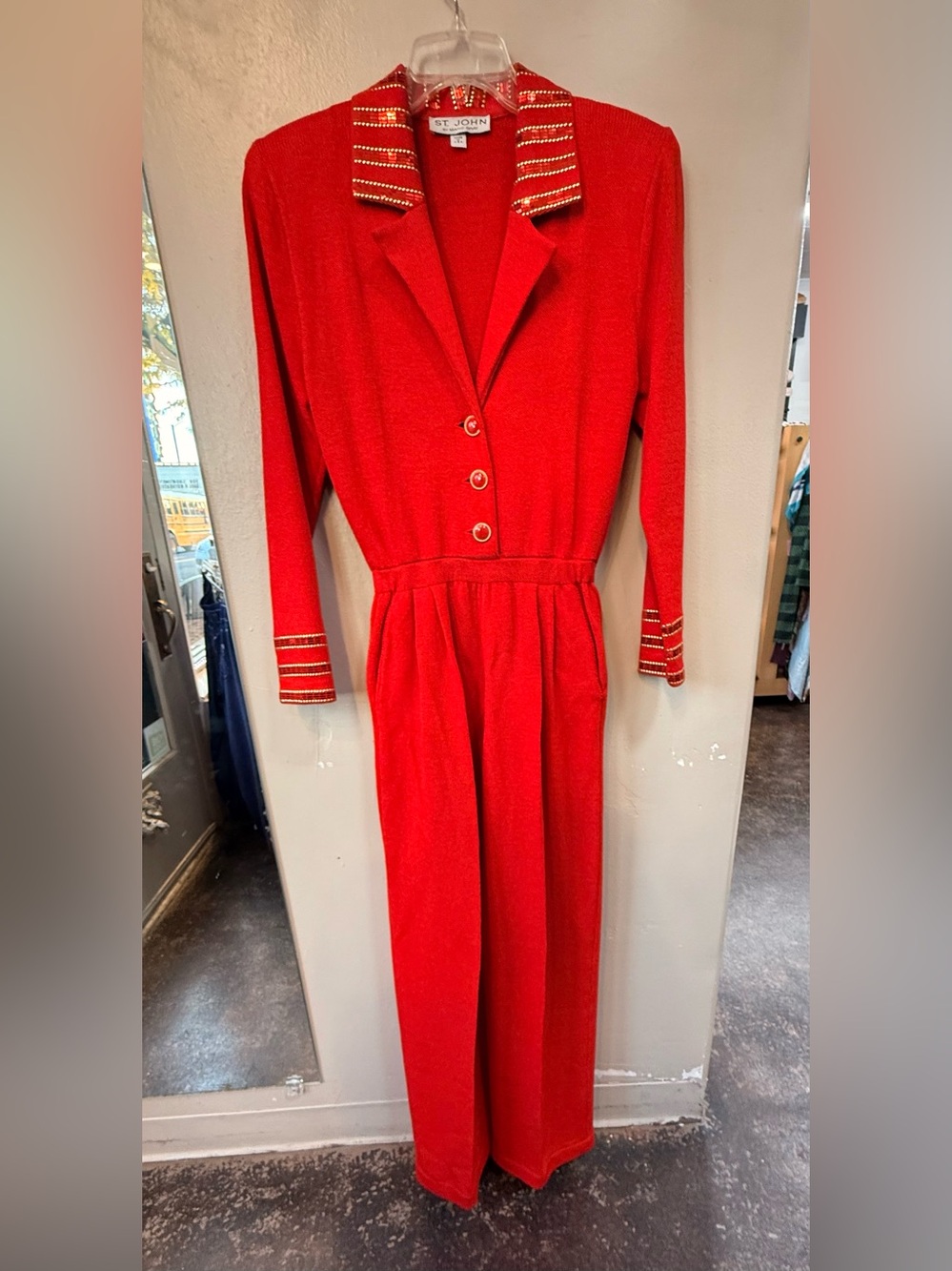 Vintage St. John by Marie Gray Red Knit Jumpsuit Belt Sz 8 Embellished